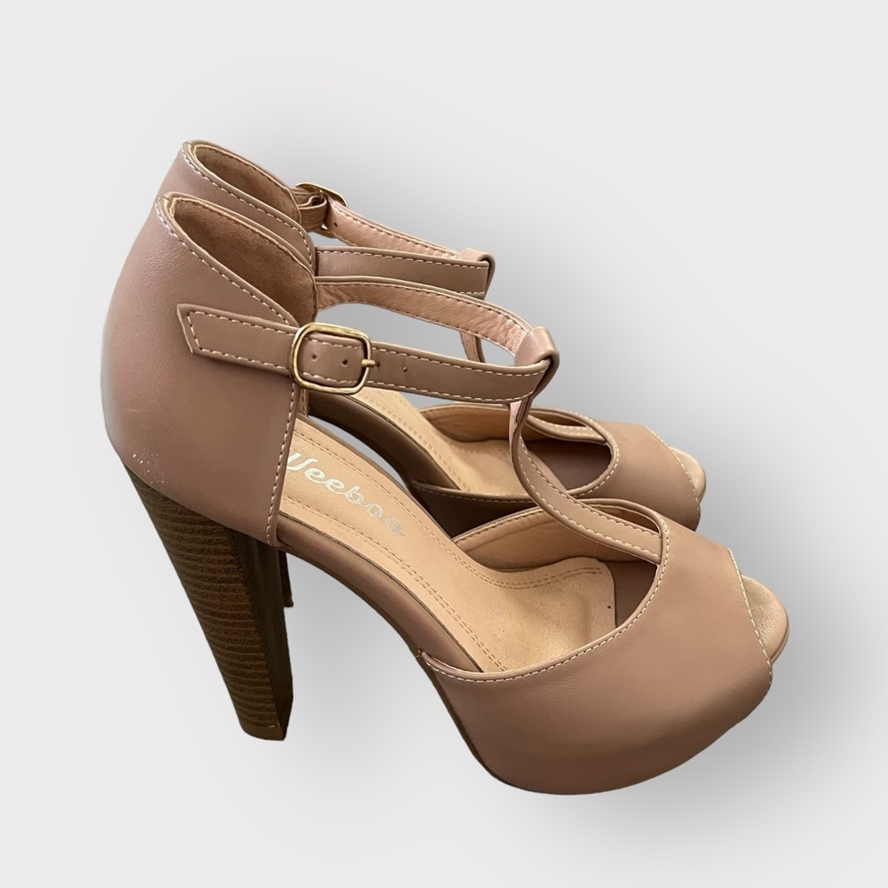 Weeboo Beige Taupe Brina-31 Platform T-Strap Peeptoe Chunky High Heels